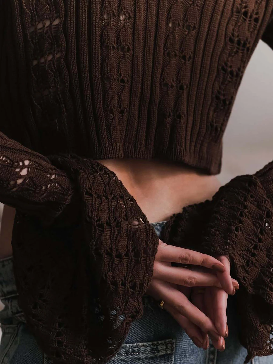 Solide évider tricoté T-shirt femmes col en V simple boutonnage à manches longues t-shirts été nouveau Vintage décontracté mode culture hauts