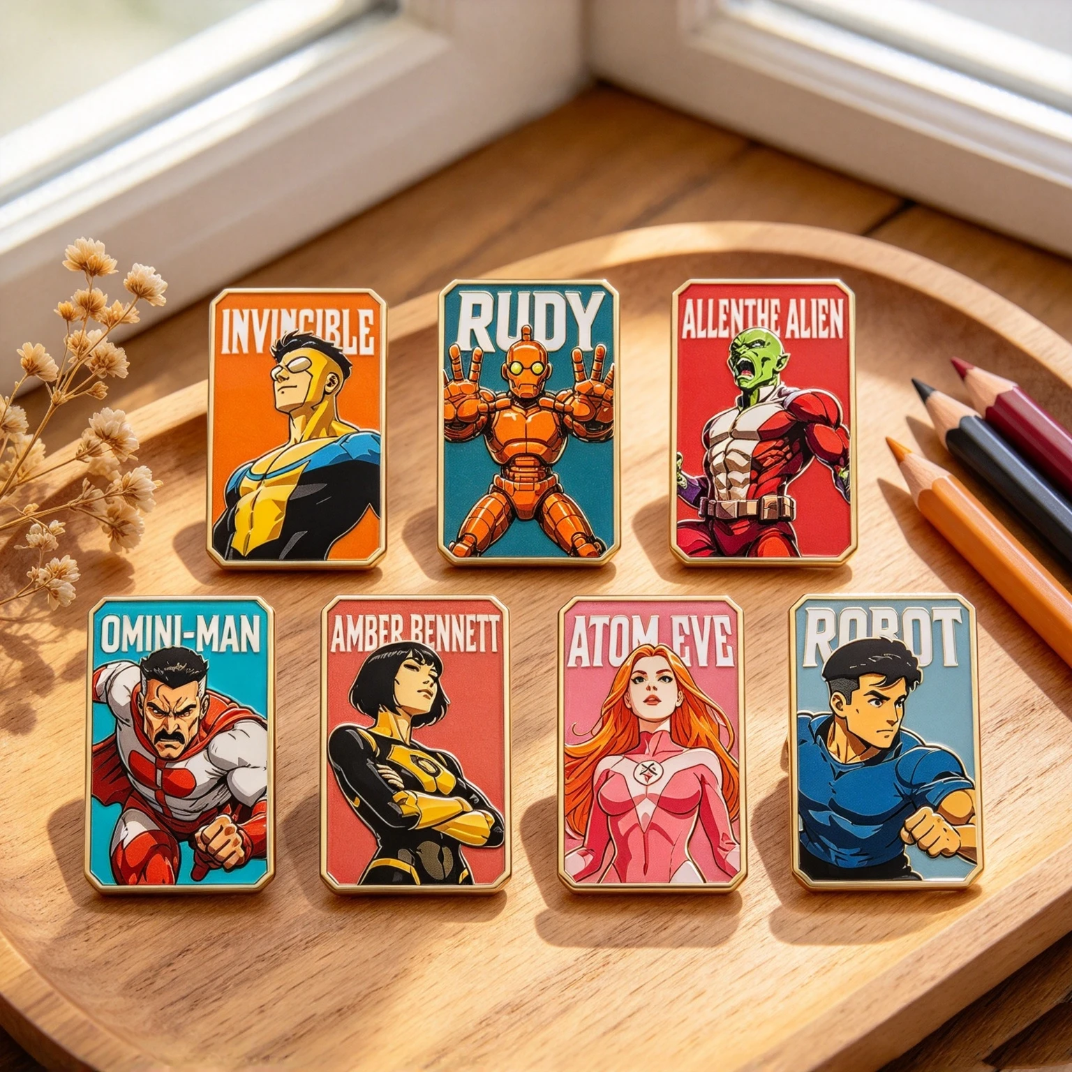 7-teiliges Set mit Metallabzeichen in Form von amerikanischen Comic-Helden, trendige rechteckige Broschen, dekorative Anstecknadeln für Taschen und Jacken. – Detail 4