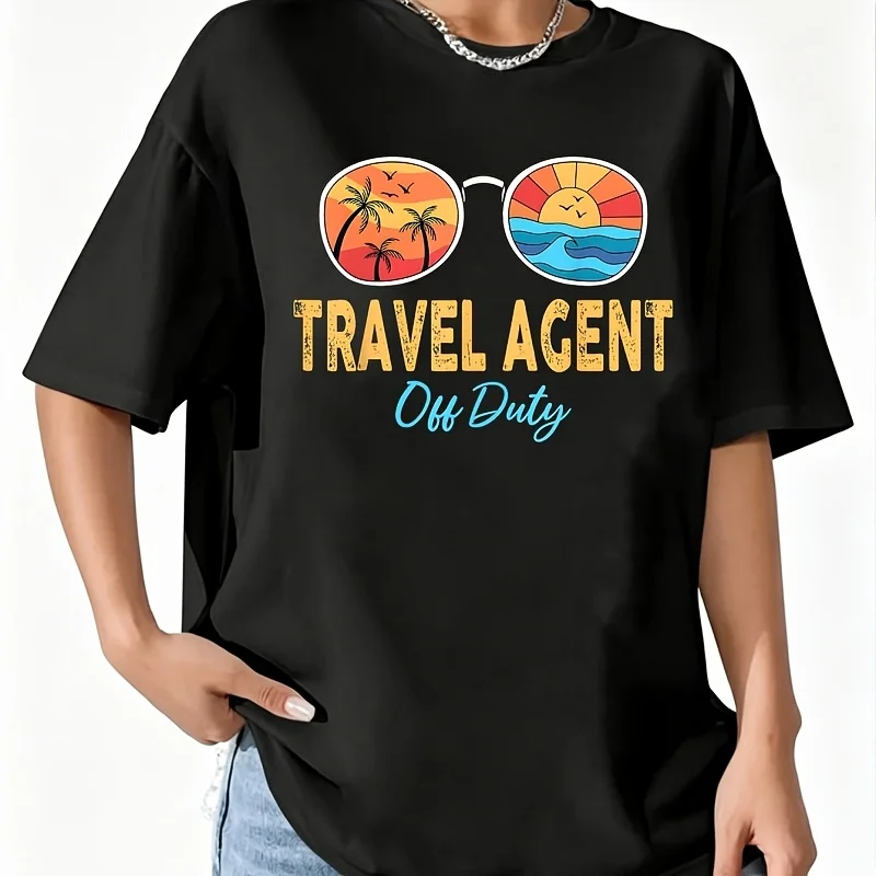 Travel Agent Off Duty Sunglasses Happy Last Day of School Women's 100% Cotton T-Shirt Fun Print Short Sleeve Top Casual Round Neck Tee S-5Xl