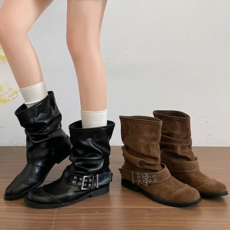 Vintage Women Short Boots Double Metal Buckle Low Heel Shoes 2027 Spring Autumn Western Cowboy Booties Zapatos De Mujer