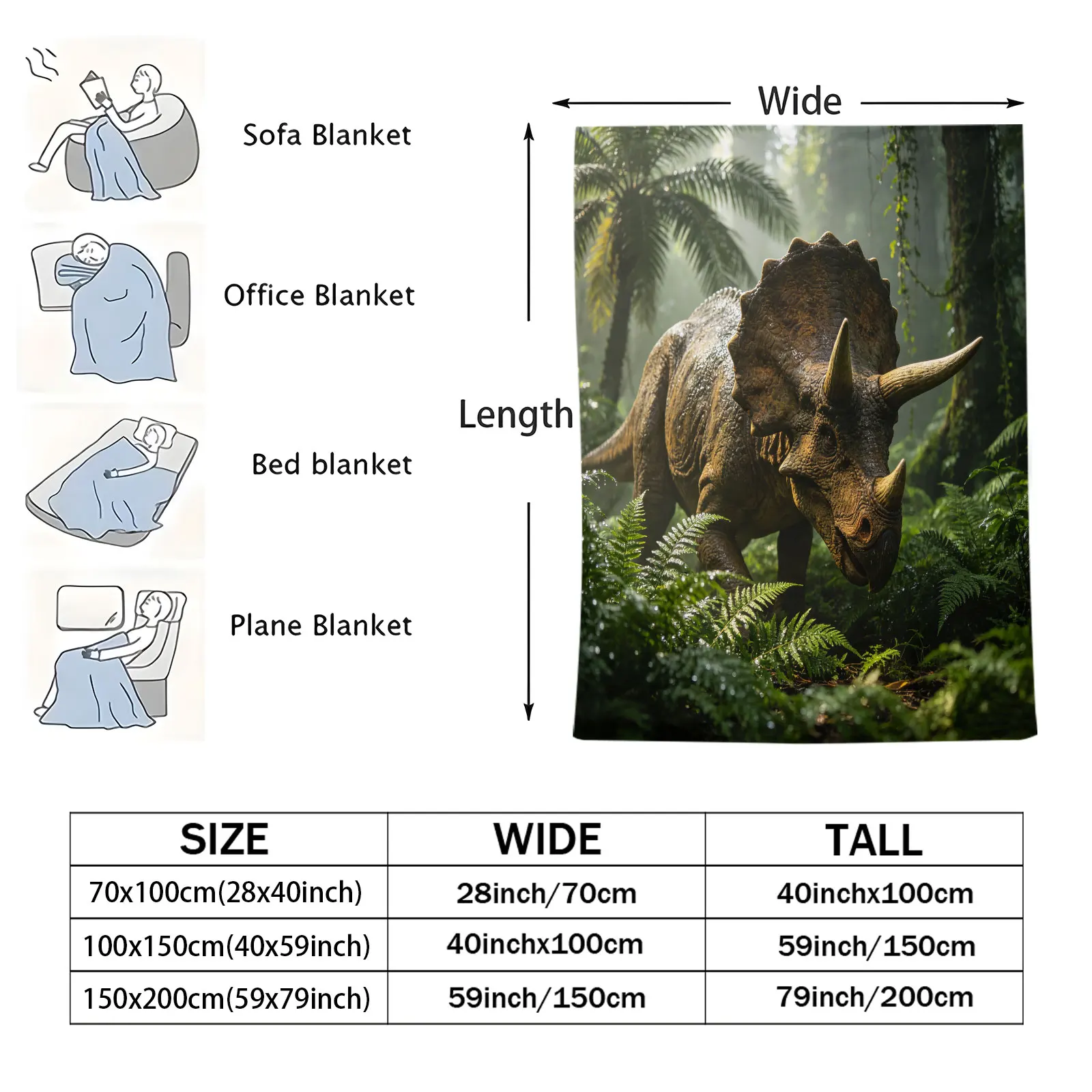 Triceratops Dinosaur Flannel Throw Blanket Realistic Jungle Rainforest Print Soft Lightweight Warm Sofa Bed Travel Decor Blanket