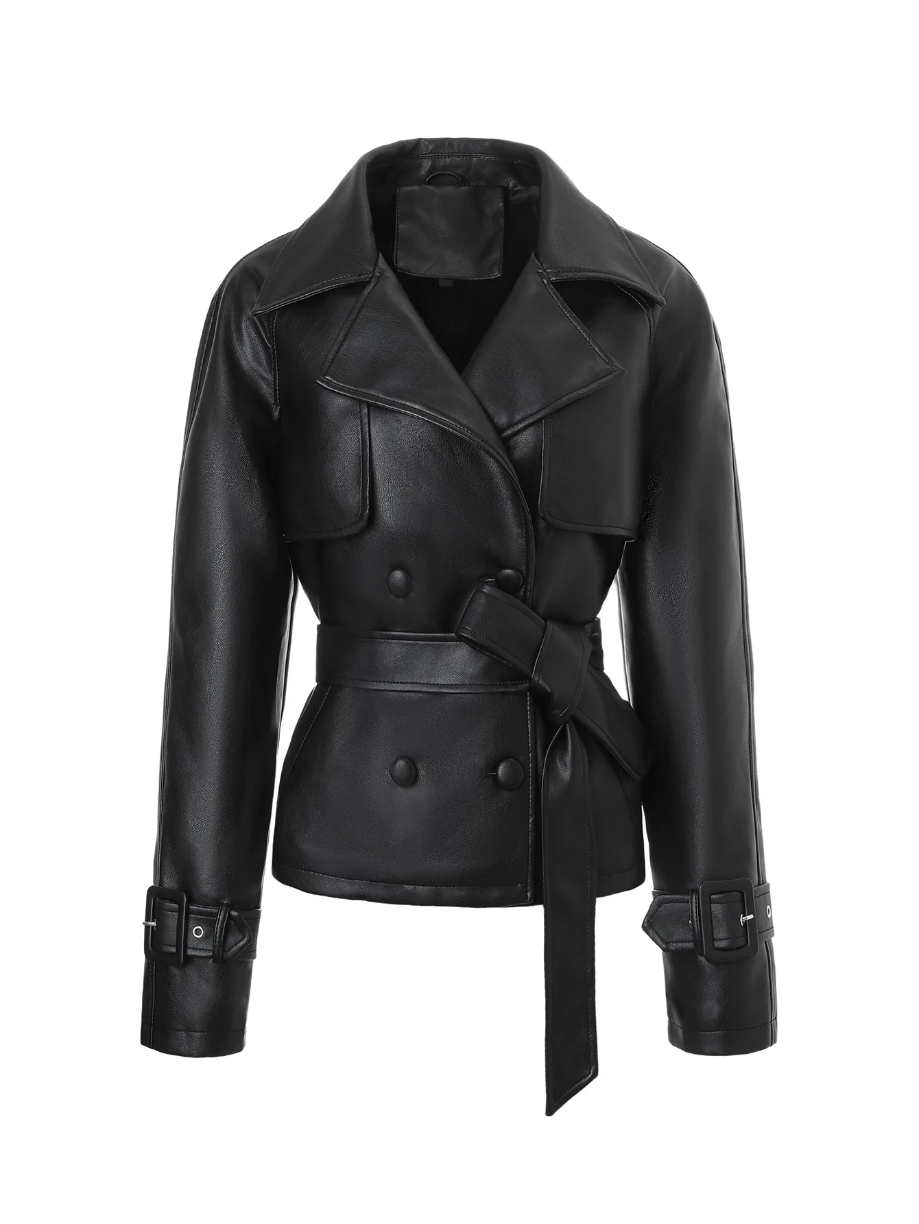 

Popular fashion PU leather jacket with double breasted motorcycle jacket and waist belt for slimming women's clothing