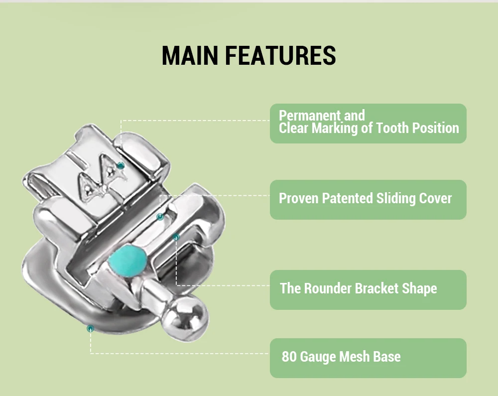 10 Packungen Azdent Metall-Kieferorthopädie-Selbstligierende Brackets mit Bukkalröhrchen Mini Roth/MBT 0,022 Haken 345 Ortho-Materialien – Detail 5
