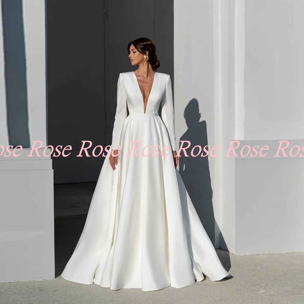 Furtanseo 2024 Satin Wedding Dresses Deep V-Neck Court Train New A-Line Bridal Gowns Vestido De Noiva Custom