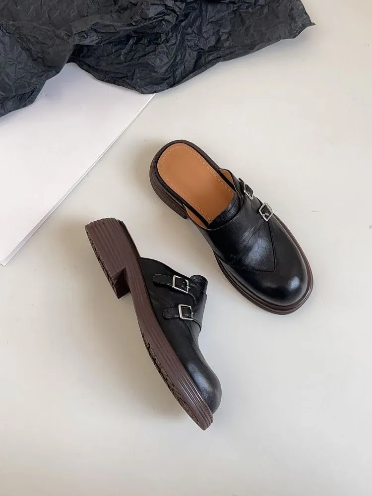 Womens Slippers Round Toe Vintage Chunky Heel Cowhide Mules Fashion Shoes Cowhide 2025 New Solid Color Hot Sale Buckle Strap