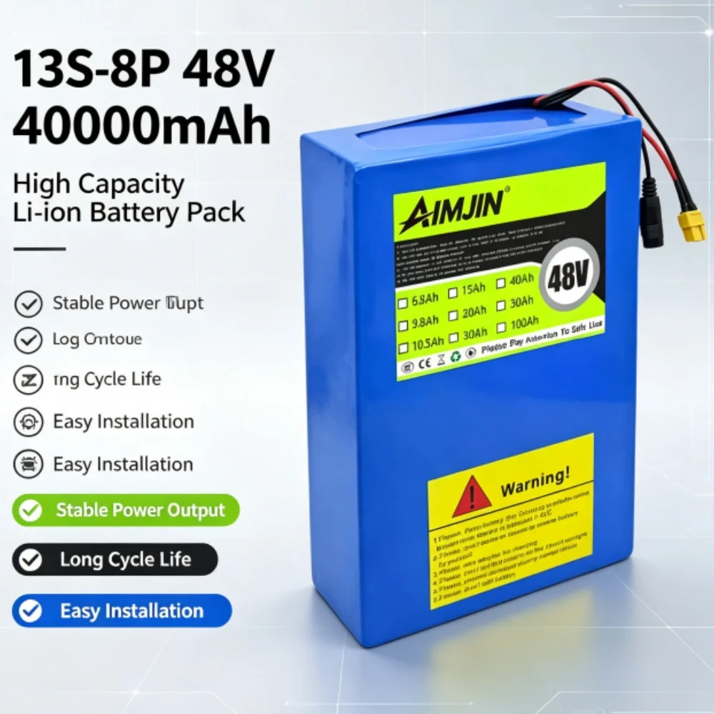 13S8P 48V 40000mAh 18650 Lithium Battery Pack 40Ah Large Capacity Suitable for 48V 250-1500W Built-in BMS+54.6V2A Charger