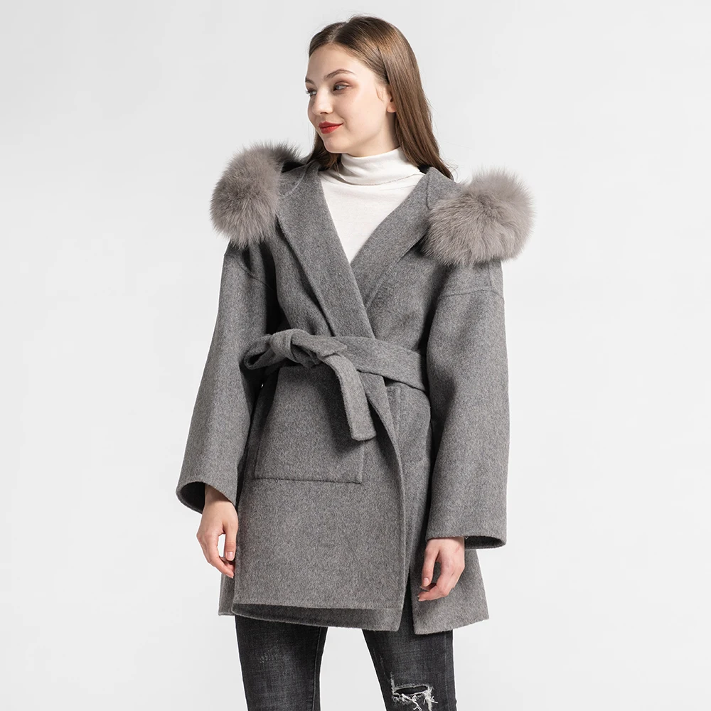 2024 Women Winter Real Wool Coats Fashion Fox Fur Collar Trench Coat With Hood Lady Fur Jackets Belt Fur Cuff