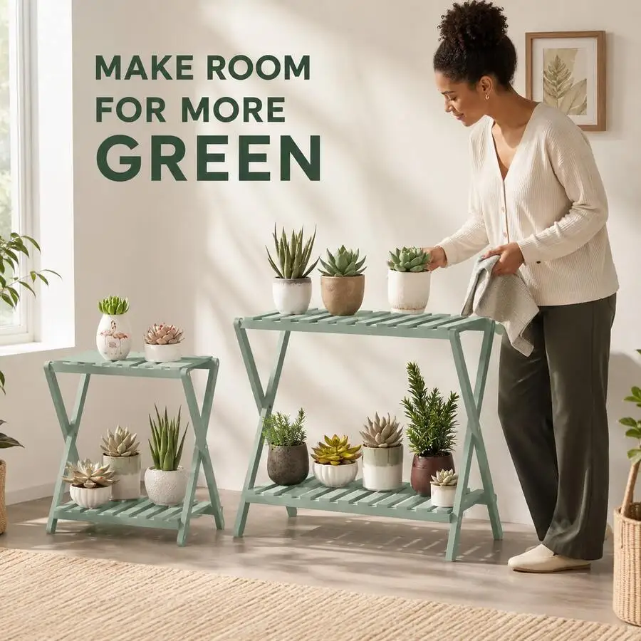 27.6 Inch Green 2-Tier Bamboo Plant Stand, Wide Indoor Flower Pot Display Shelf With Reinforced X-Frame And Slatted Storage, Mul