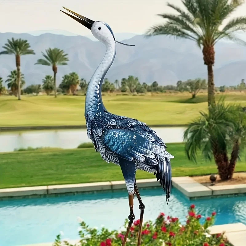 Blue Metal Crane Garden Statue, Rustic Heron Sculpture For Outdoor Decor, Standing Sculpture For Yard, Patio, Lawn, and Backyard