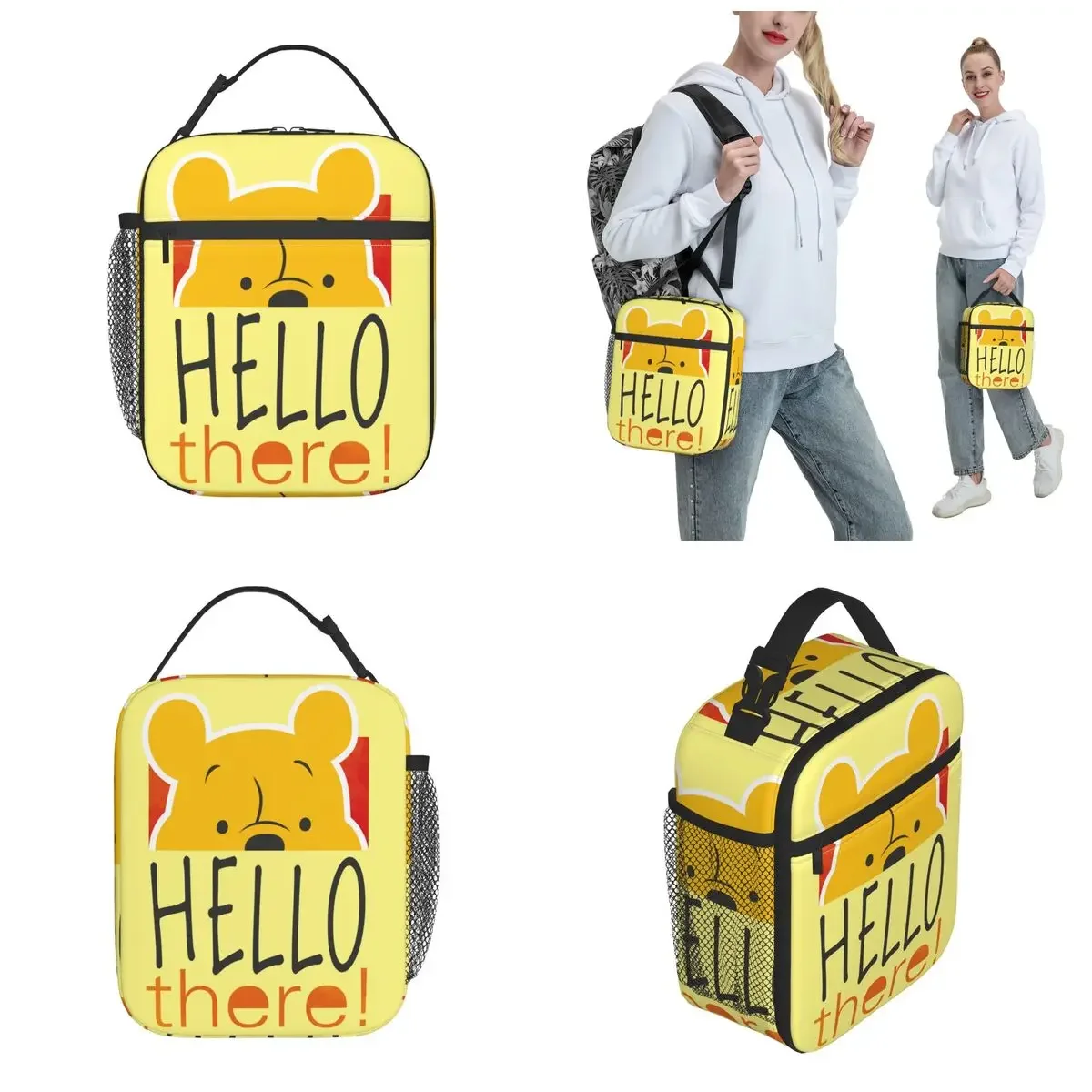 Winnie The Pooh Peeking Hello There Borsa per il pranzo isolata Borsa termica riutilizzabile portatile Borsa per il pranzo Tote Office Outdoor Bento