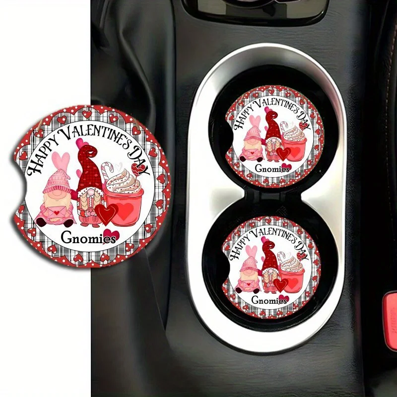 2pcs Valentine'S Day Acrylic Coasters, Waterproof Heat-Insulated Car Cup Mats, Pink Gnome Design, Durable, Scratch-Resistant