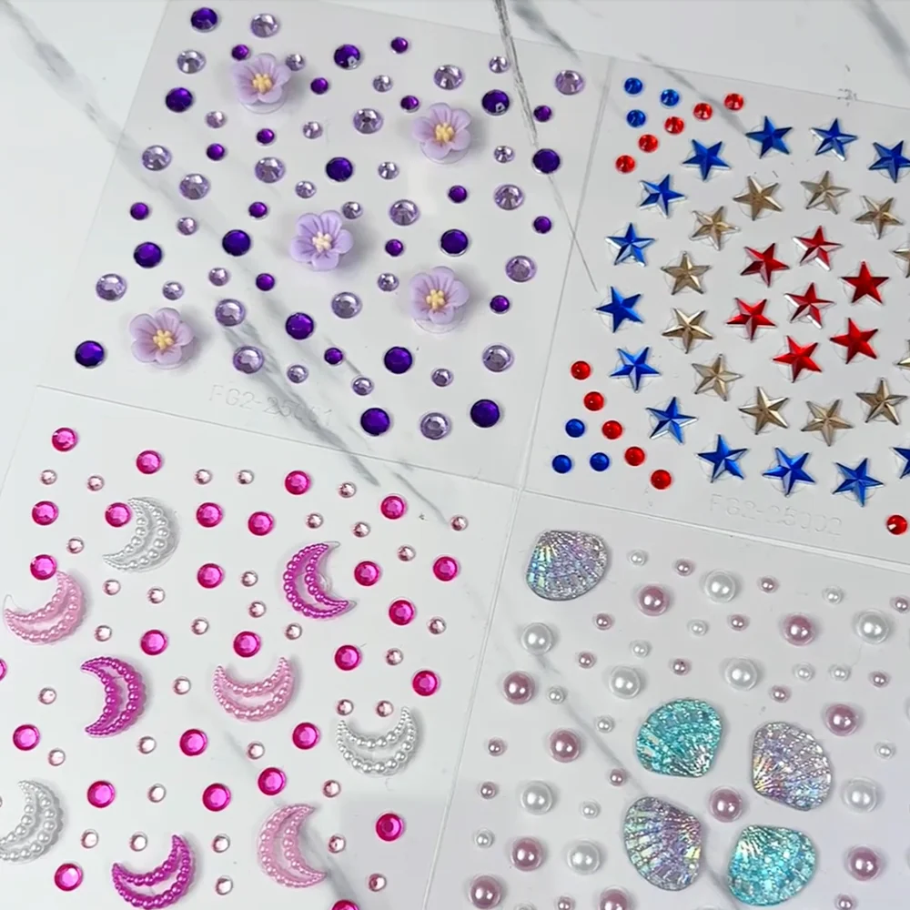 1 Blatt 3D verträumte Muschelperlen Edelsteine Gesichtsaufkleber funkelnde Meerjungfrau Diamant temporäre Tattoos DIY Körperkunst Bühnen-Make-up Strass – Detail 1