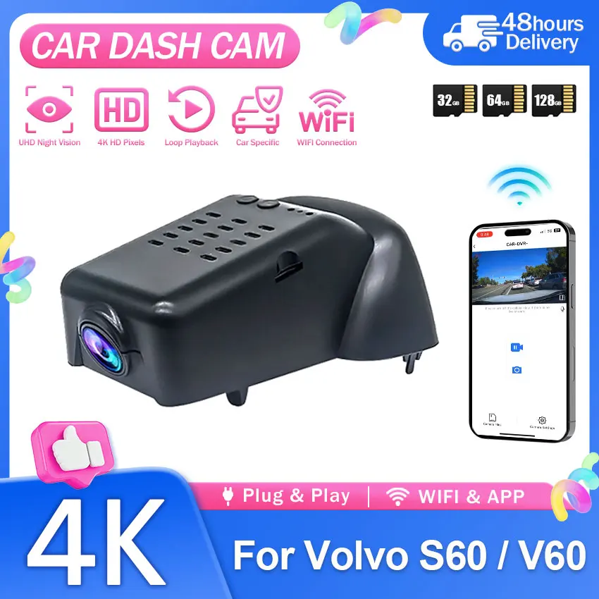 For Volvo V60 S60 2023 2024 2025 2026 4K Dash Cam Front and Rear Car DVR Camera Plug and Play Wifi Video Recorder