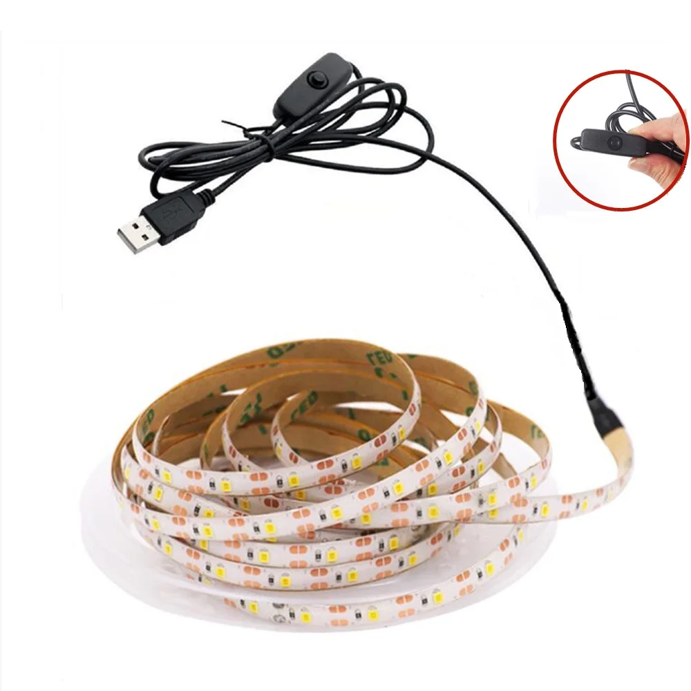 USB LED Strip Lamp SMD2835 5050 Flexible 60LED Light Tape Ribbon TV Desktop Screen Background Lighting Sensor Dimming Battery