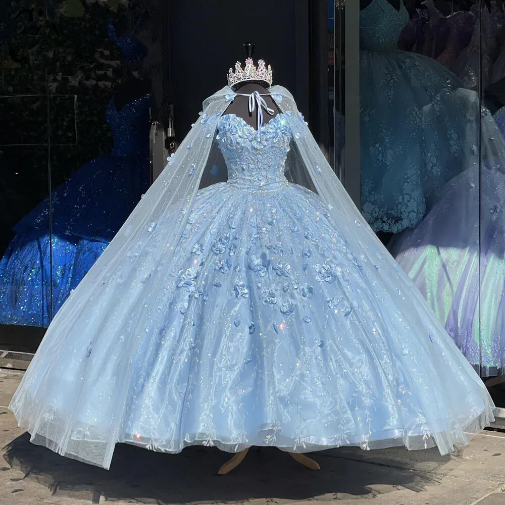 

Sky Blue Cinderella Princess Dresses With Cape Off Shoulder 3D Floral Lace-Up Corset Vestidos De 15 Quinceanera