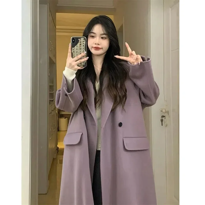 

Autumn and Winter New Purple Casual Loose Coat Korean Version Hepburn Medium Long Woolen Coat