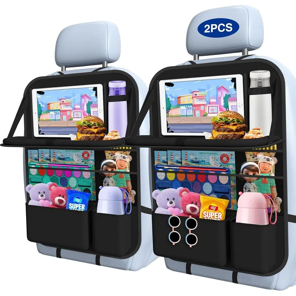 

2-Pack Backseat Organizers with Table Trays, 9 Pocket Storage, Tablet Holder, and Kick Mats for Kids and Family Travel Essential