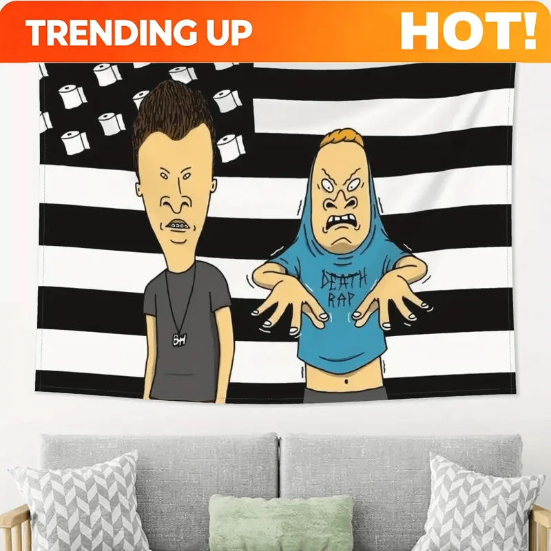 Customize 1pc Beavis & Butt-Head Tapestry Wall Hanging - Black and White Stripes with American Flag Pattern, Soft Peach and Ligh
