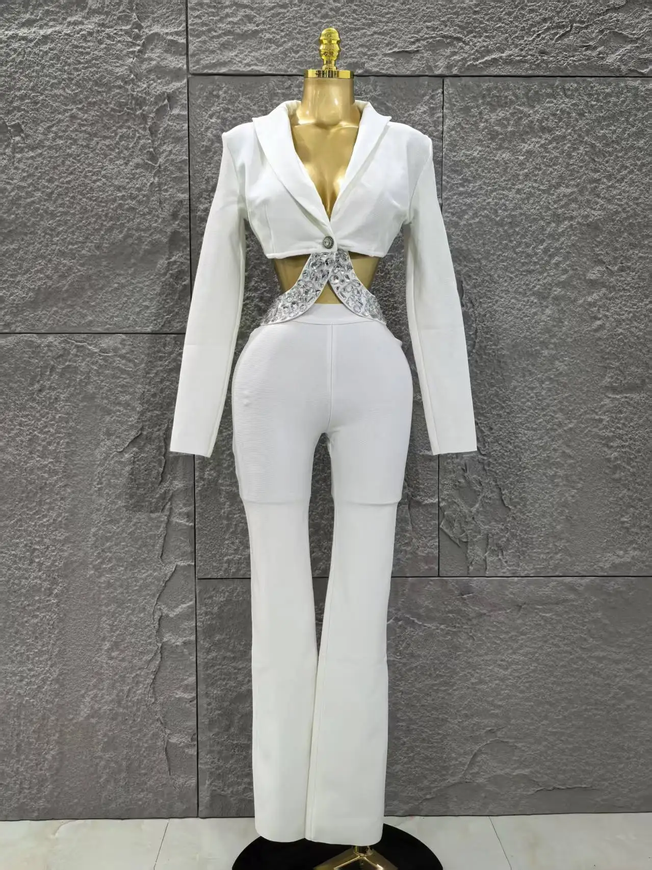 Glamour noir blanc femmes à manches longues Sexy col en v brillant cristal 2 pièces moulante ensemble de pansement célébrer soirée