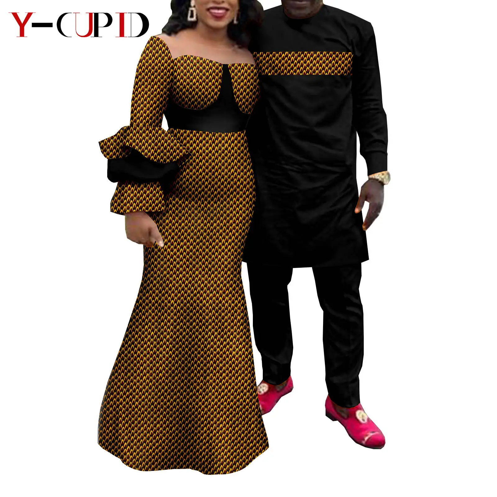 African Print Long Dresses for Women Matching Men Outfits Top and Pant Sets Bazin Riche Couple Clothes Wedding Wear Y22C045