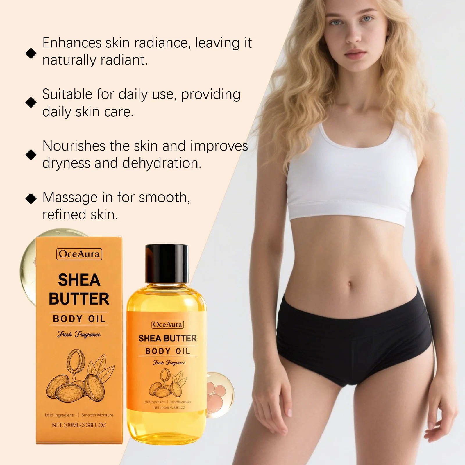 

OCEAURA Shea Butter Body Oil Enhance Elasticity Eliminate Fine Line Deep Hydrate Improve Roughness Brighten Luster Body Care Oil