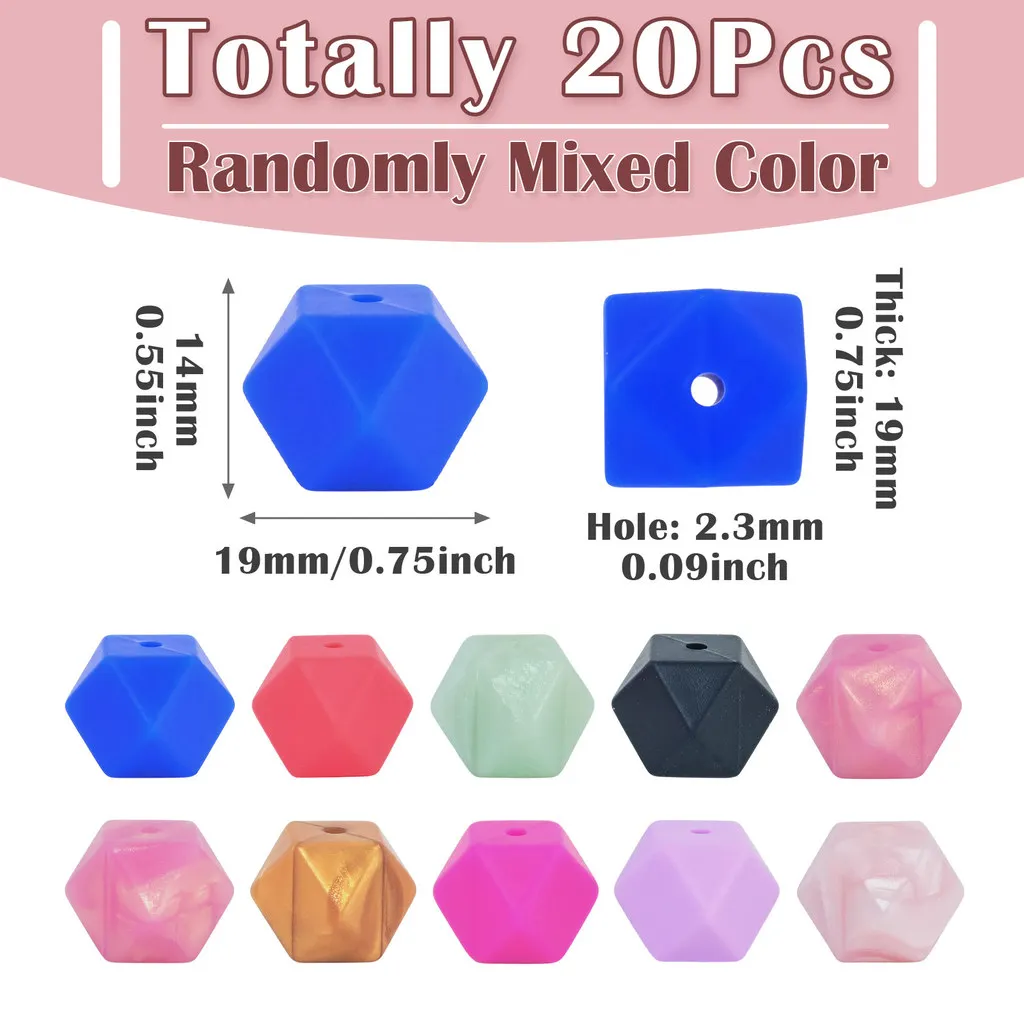 20Pcs Faceted Hexagon Silicone Beads Random Mixed Color for Necklace Bracelet Key Chain Making DIY  Handmade Supplies 14x19x19mm