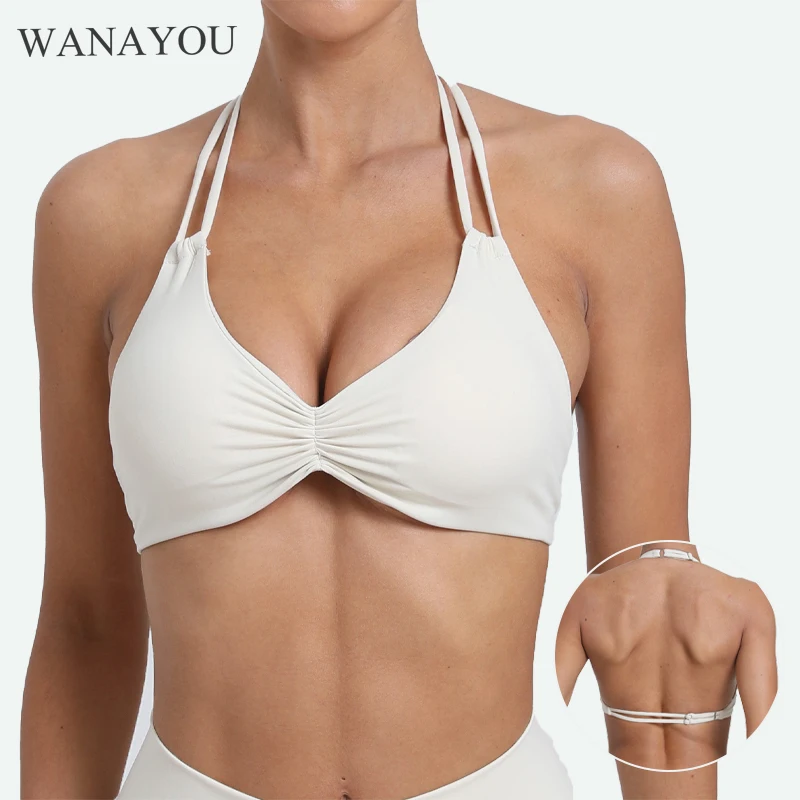 WANAYOU Adjustable Straps Women Yoga Bras Sext Deep V Sports Crop Tops Front Pleated Gym Fitness Bra Padded Workout Running Top