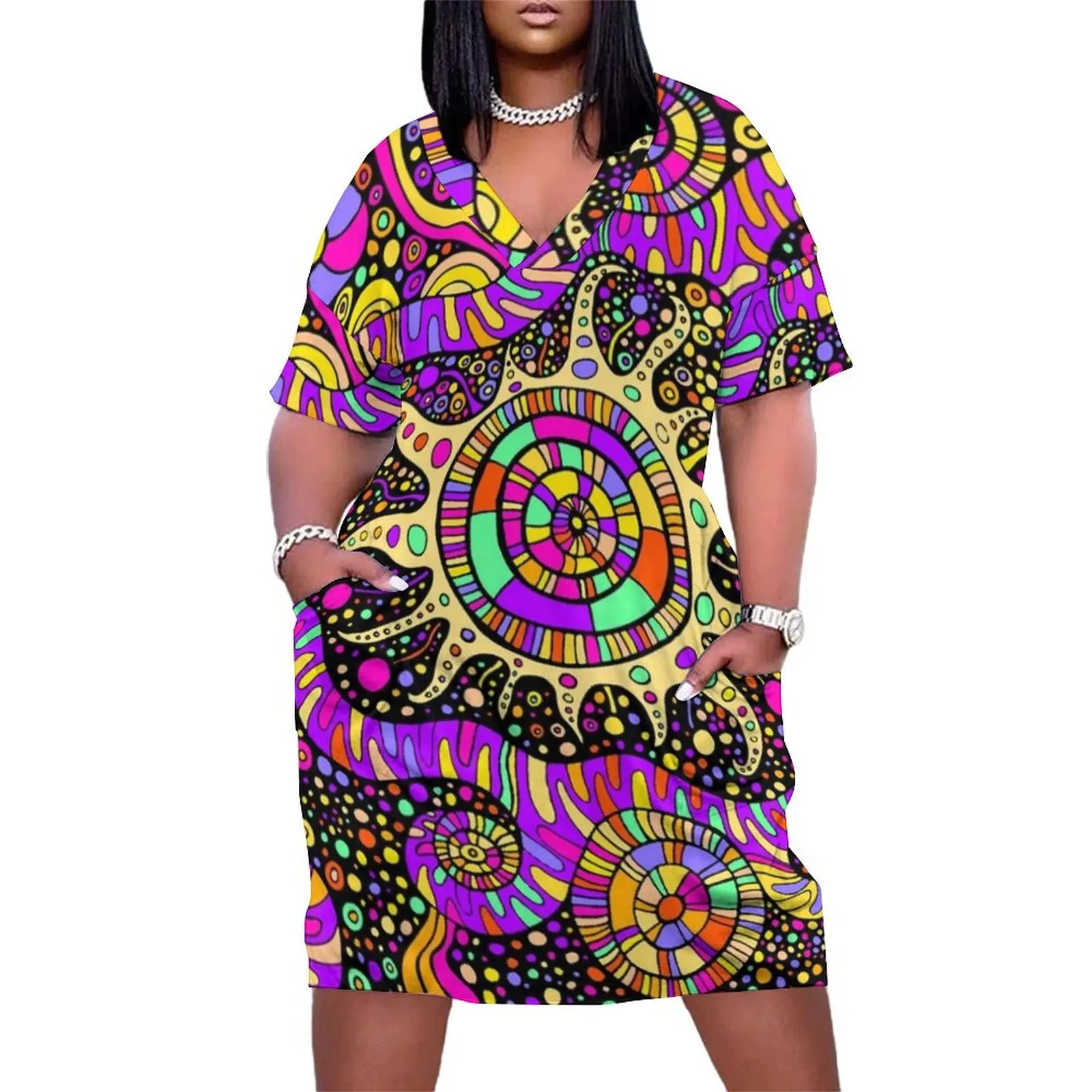 Trippy UV Rave Tentacles Black Light Trip Loose Pocket Dress Women