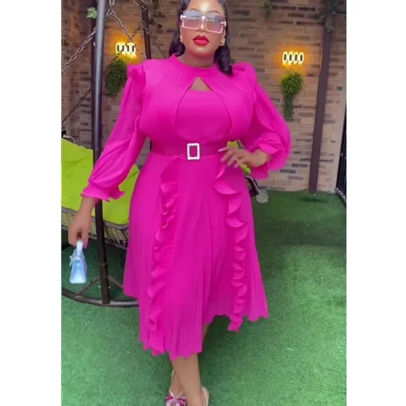 Maßgeschneiderte Frauen Chiffon Kirche Event Kleid Lange Ärmel Rüschen Plissee Mit Taille Gürtel Elegante Afrikanische Weibliche Formale Feiern