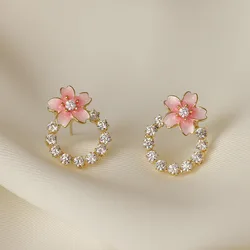 2023 New Pink Women's Circle Rhinestone Korean Fashion Flower Twisted Pendant Earrings Cute Gift Crystal Jewelry