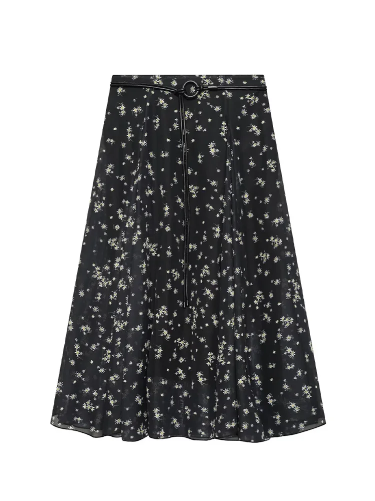 

HH Women Sexy Broken Flower Belt Decoration Long Skirts Side Zipper Gauze Skirt Women Summer Fashion Pleated High Waist Skirts