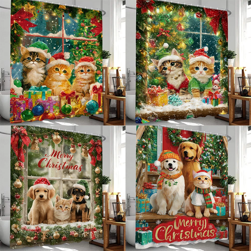 

Cute Cat Dog Christmas Shower Curtain Snowman Santa Claus Bathroom Curtain With Hooks home Christmas Holiday Decorative Curtain