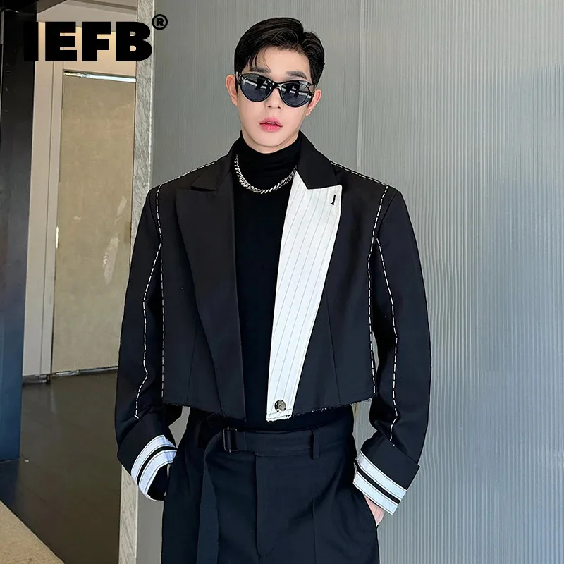 IEFB Contrast Color Bright Line Short Silhouette Suit Jacket Men Clothing 2024 Autumn Korean New Fashion Women Blazer 9C7316