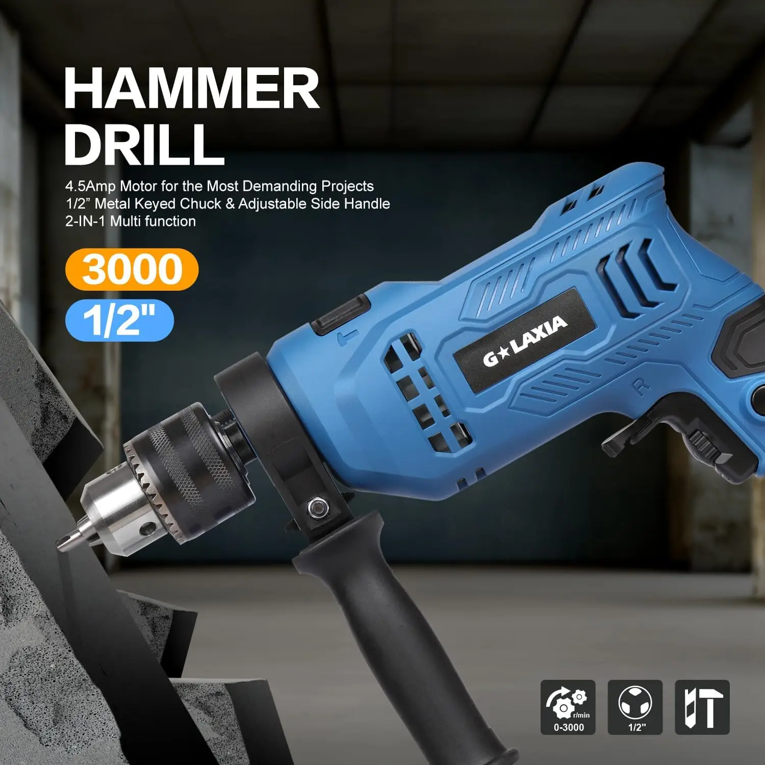 ハンマードリル 4.5A 1/2インチ コード式、0-3000RPM 可変速度、105ピースビットセット、キャリングケース