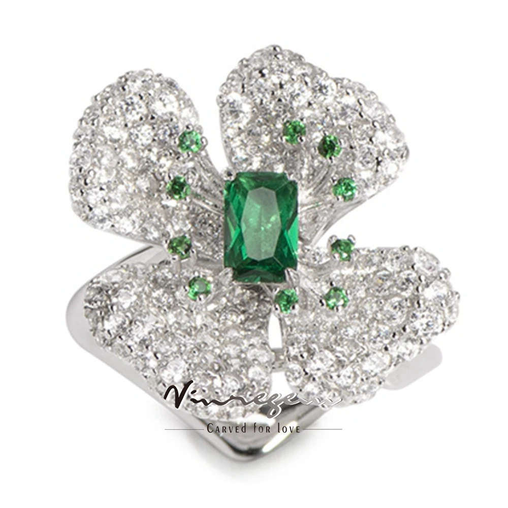 

Vinregem Emerald High Carbon Diamond Gems Flower Open Ring for Women 100% 925 Sterling Silver Wedding Party Gifts Fine Jewelry