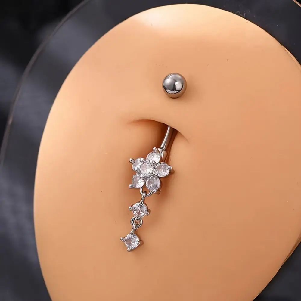 Stainless Steel Zircon Navel Ring Colorful Piercing Flower Pendants Belly Button Ring Long Dangled Punk Body Piercing Jewelry