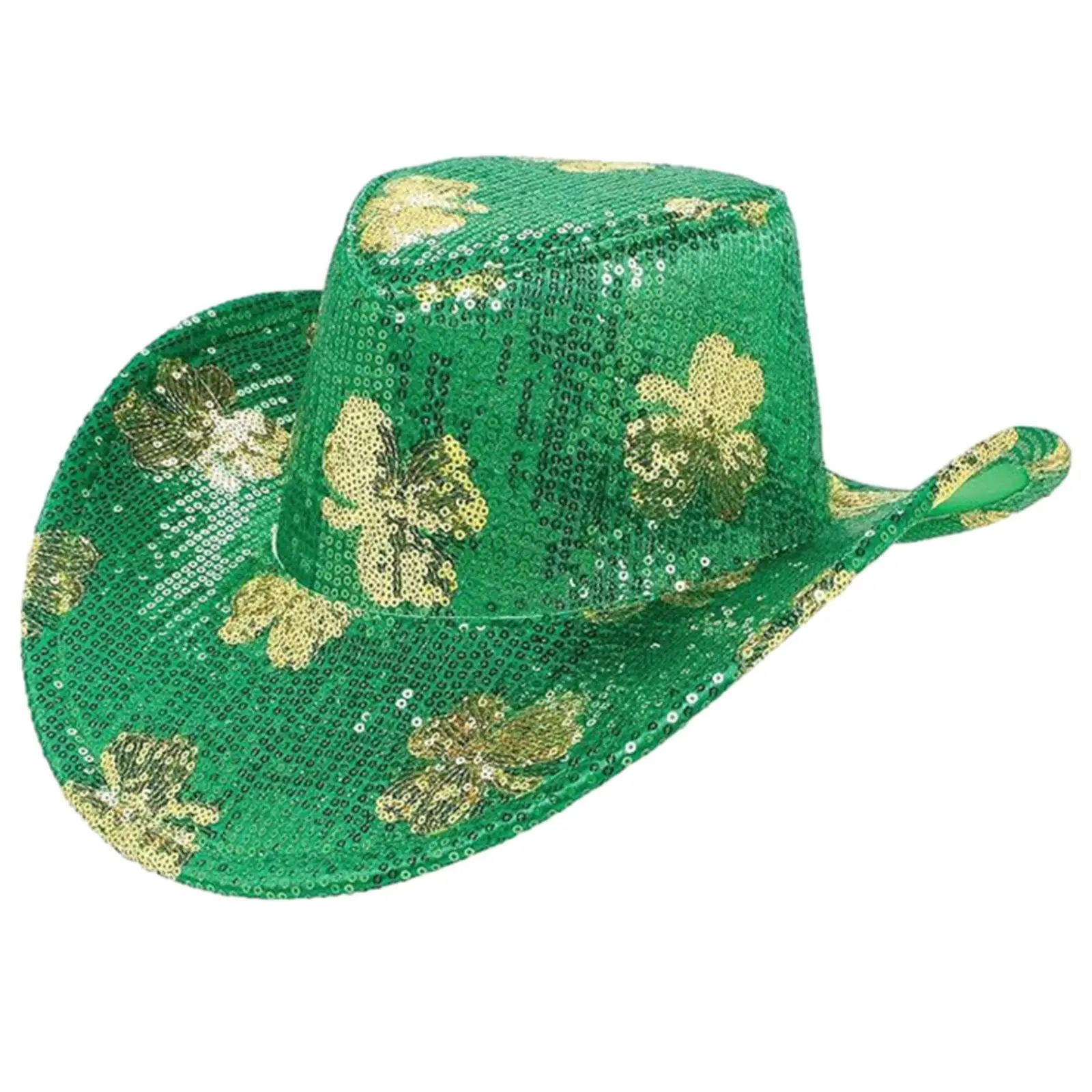 St Patrick Day Cowboy Hat Green Sequin Glitter Western Cowgirl Costume for Adults Unisex Halloween Party Prop Wide Brim Fancy