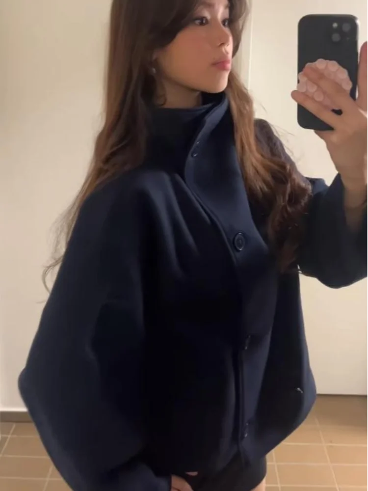 

Elegant Women's Loose Fit Cropped Coat Stand Collar Button Fastening 2025 Autumn Winter Casual Chic Double-Faced Warm Outerwear