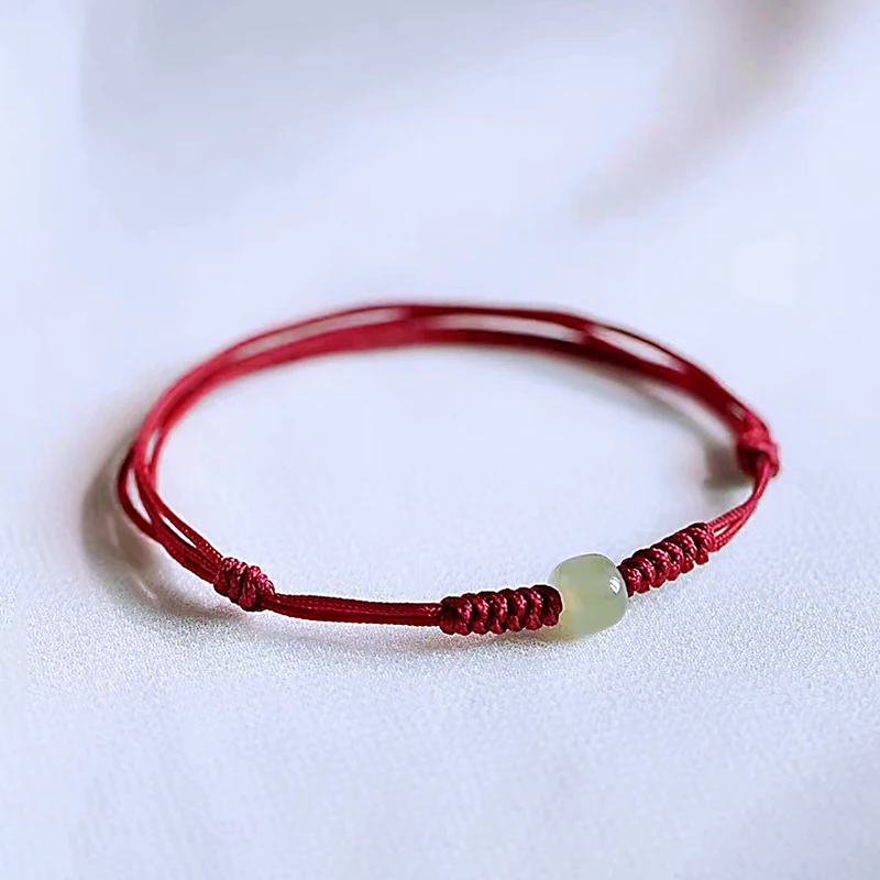 Hetian Jade Good Luck Beads Red Rope Bracelet Female Weaving Natal Year Gift To Girlfriend Couple Bracelet Anklet