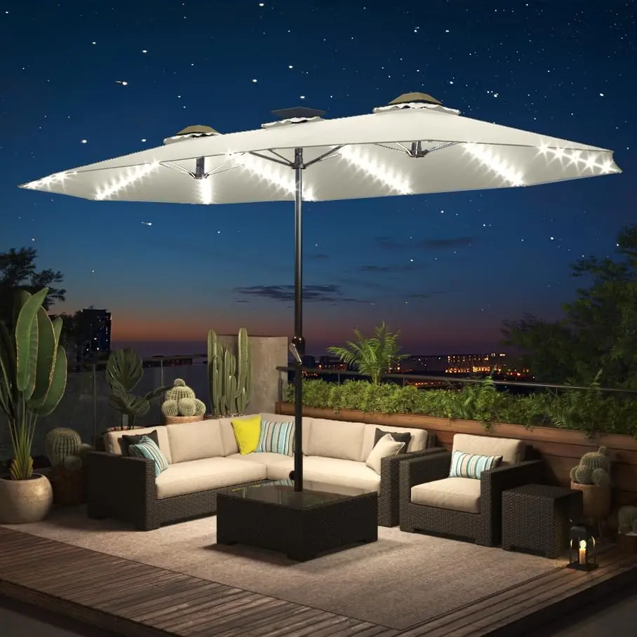 15ft Patio Paraplu Met Zonne-Energie Verlichting, Grote Dubbele Paraplu Buitenterras, Rechthoek Tafel Paraplu Met 156 Pcs Led-Verlichting