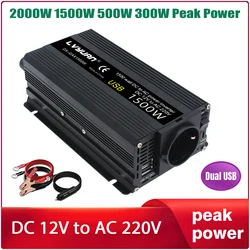 Inversor de corriente para coche, convertidor de cargador portátil de 12V a 220V, 2000W/1500W/500W/300W, doble USB, onda sinusoidal modificada