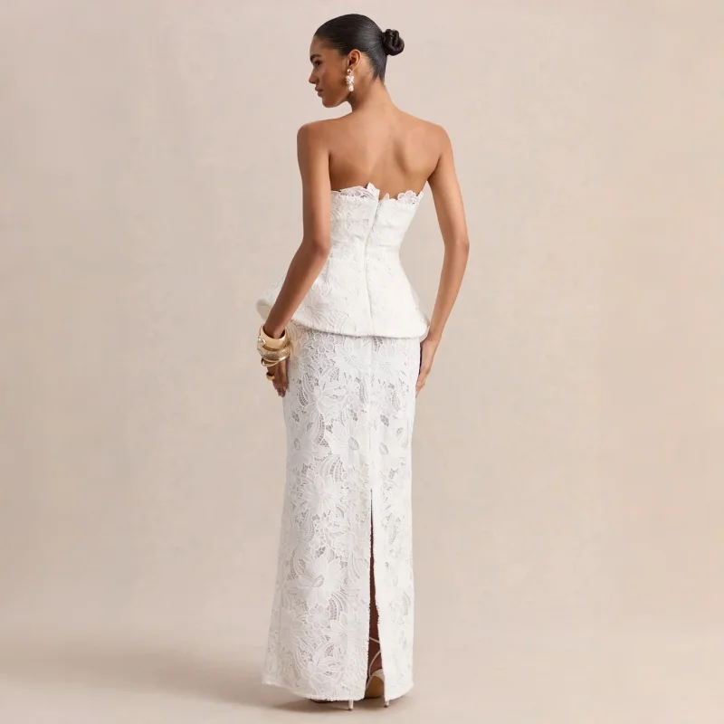 Elegant White Strapless Lace Peplum Maxi Dress Floral Crochet Bridal Gown For Women Brides Formal Evening Wedding Party