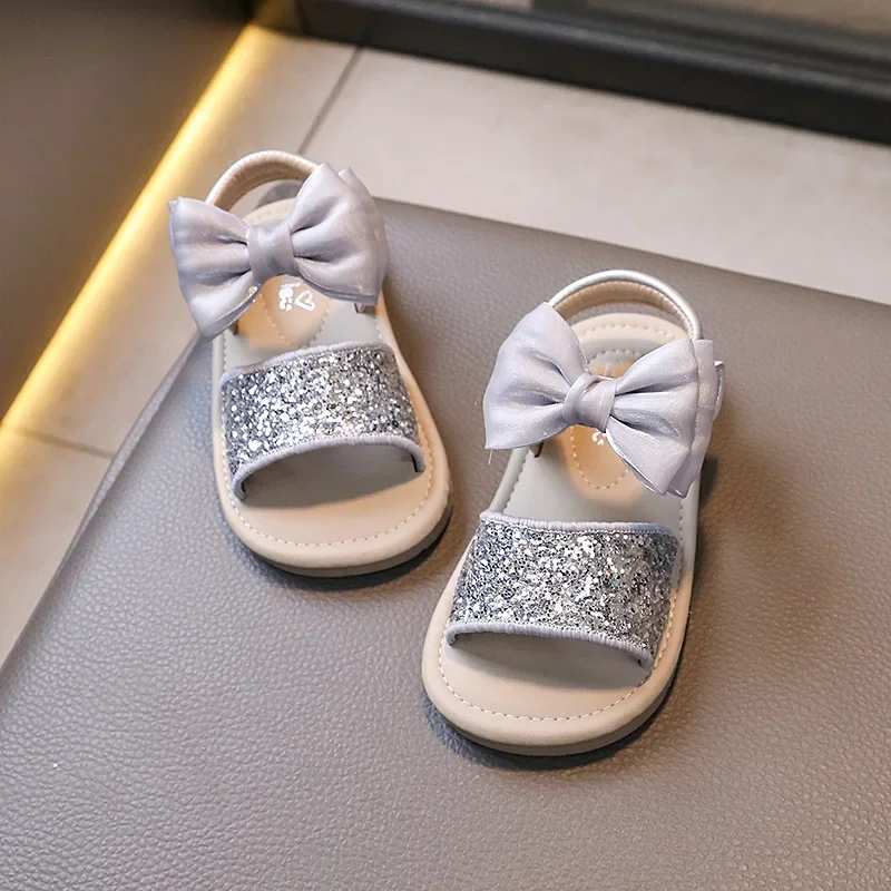 Summer New Girls Sandals Female Baby Open-toe Fashion Sequins Sandals Children Bow Soft Bottom Beach Shoes