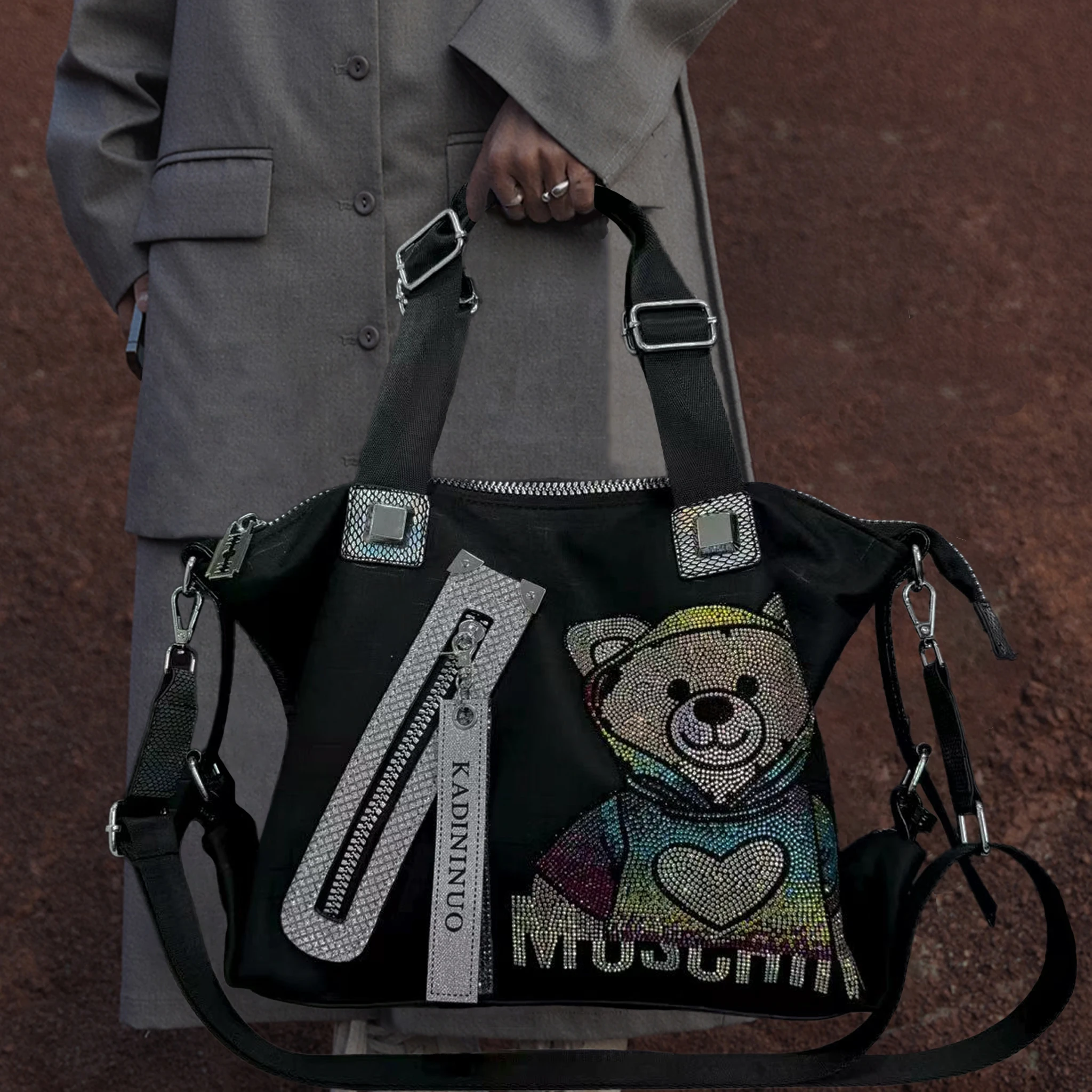 Ladies' fashionable diamond embellished gorgeous teddy bear tote bag, large capacity elegant single shoulder handbag