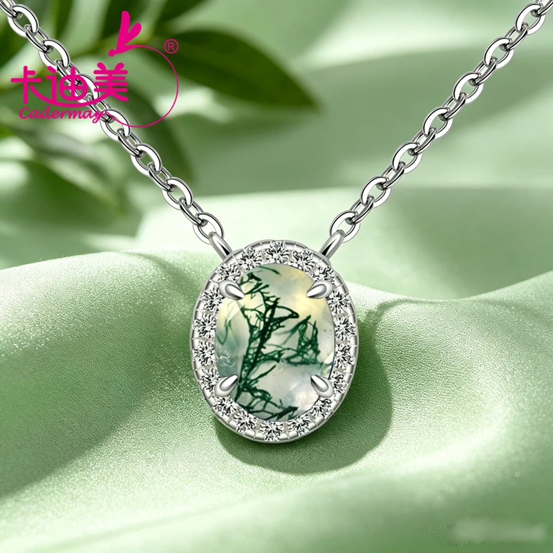 CADERMAY Oval Shape Primary Color Natural Moss Agate Loose Stone S925 Silver Necklace For Fine Jewelry