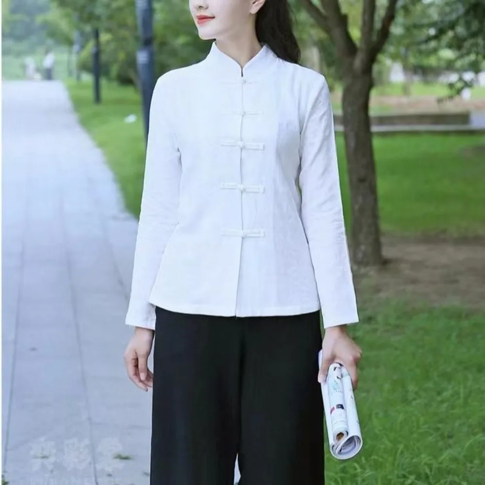 Women's Chinese Style Frog Button Top Cotton Linen Zen Shirt Retro Republic of China Style Improved Loose Long Sleeve Tang Suit