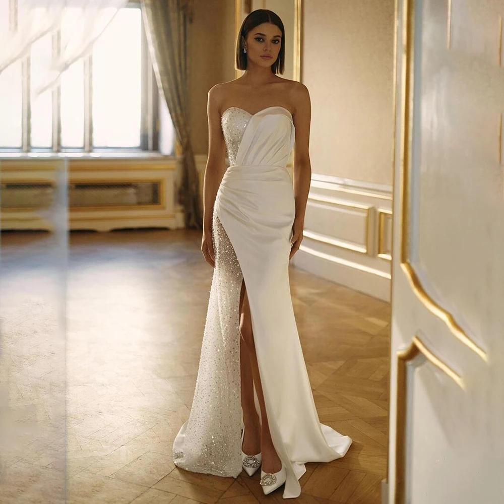 

Boho Sweetheart Collar Satin Pleated Sequins Wedding Gown Shiny Mermaid Lace up Back Bridal Dress with Train Slit Custom Made