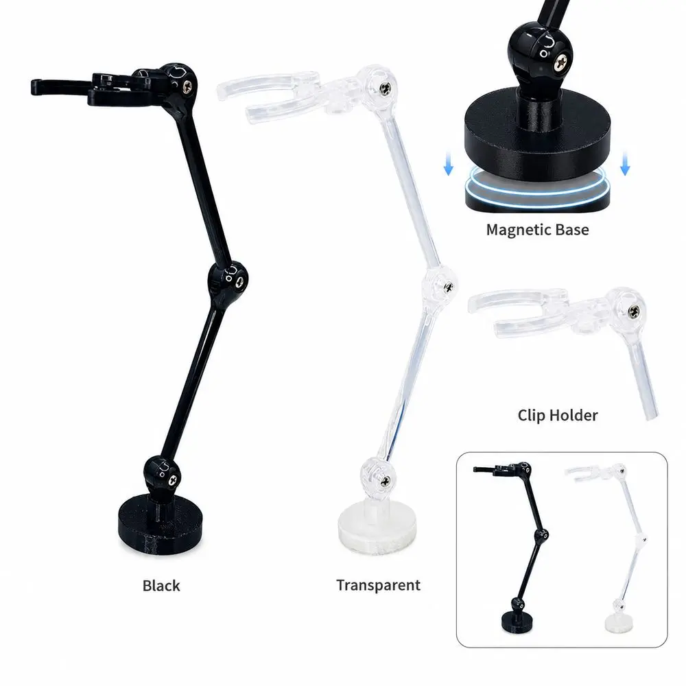 Magnetic Base Action Figure Stand Transparent Adjustable Joints Figure Display Holder Black Clip Support Arm Robot Model Stand