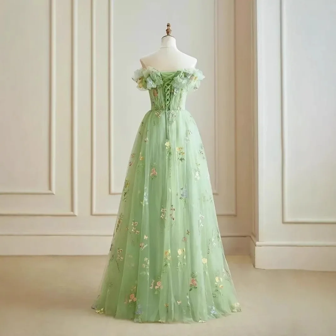 Elegant Embroidered Student Prom Dress Fairy Atmosphere Evening Gown round Neckline Elastic Waist Silk Fabric for Company Dinner