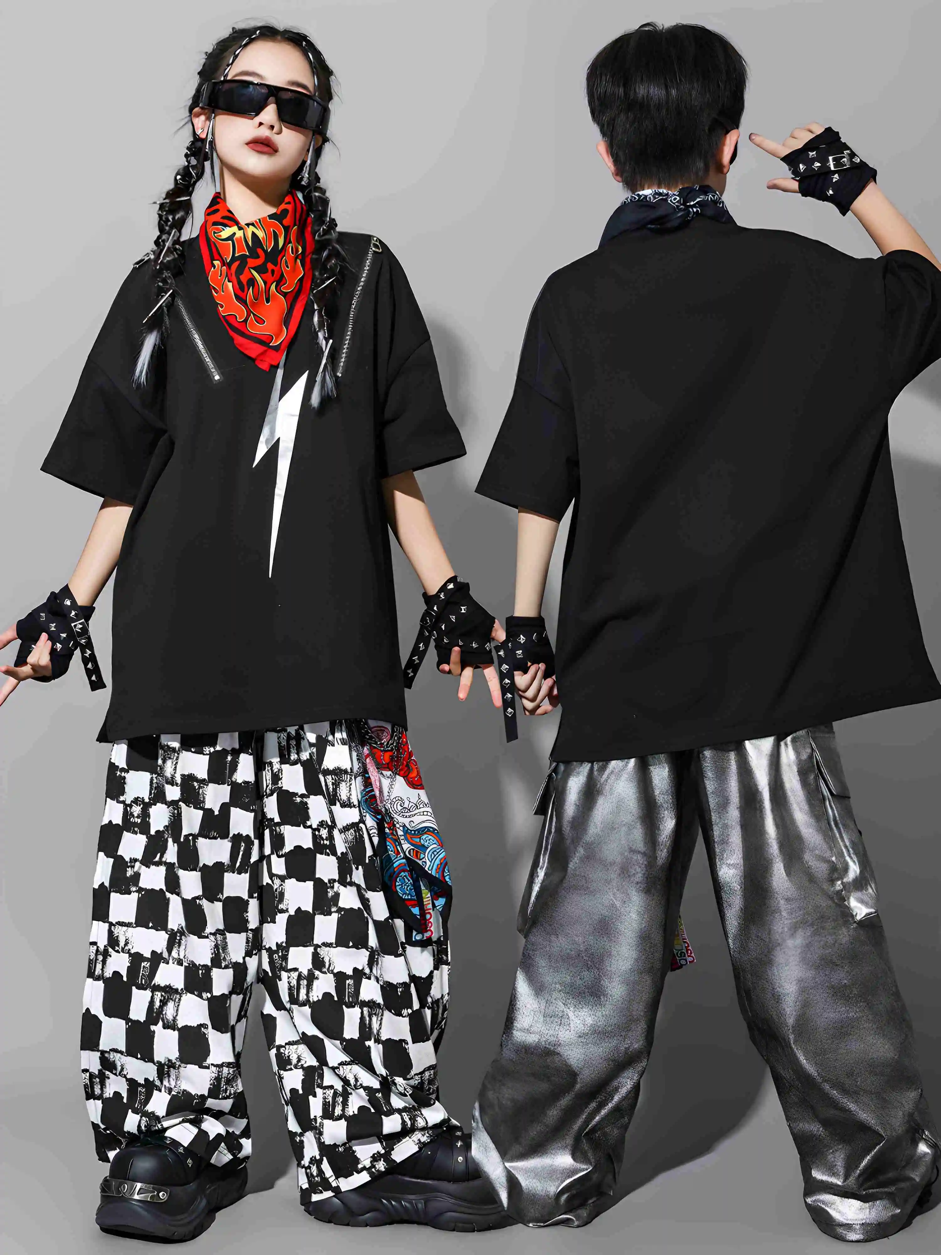 Bambini Ragazzi Hip Hop Maglietta nera Pantaloni a quadretti Baggy Maniche corte Chiusura Poppin Performance Costume Ragazze Jazz Outfit BL16434